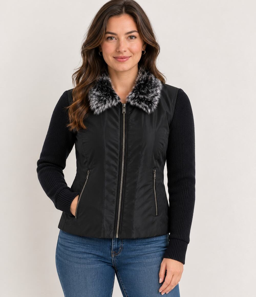 Rampage Women's M Y2K Mixed Media Jacket Faux Fur Collar Knit Sleeve Zip Black